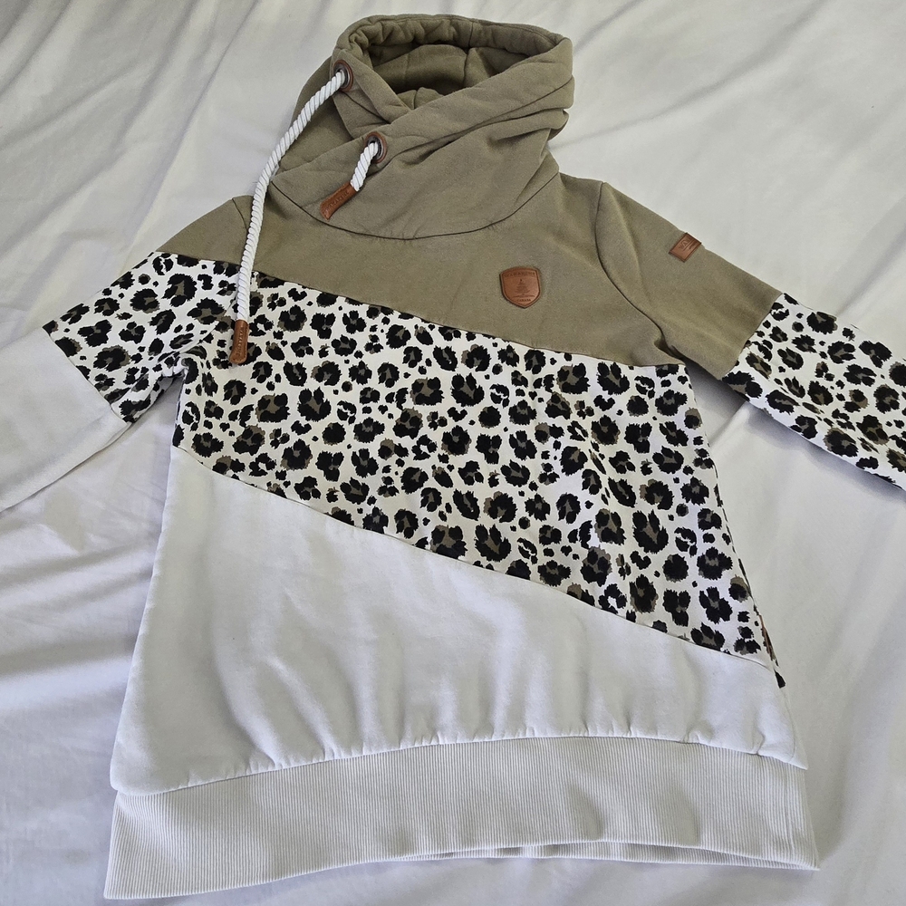 Leopard Print Hoodie with Tan and White Accents